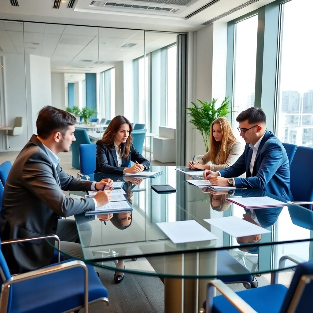 Современный офис QazTech Ventures с сотрудниками, обсуждающими инвестиционные проекты