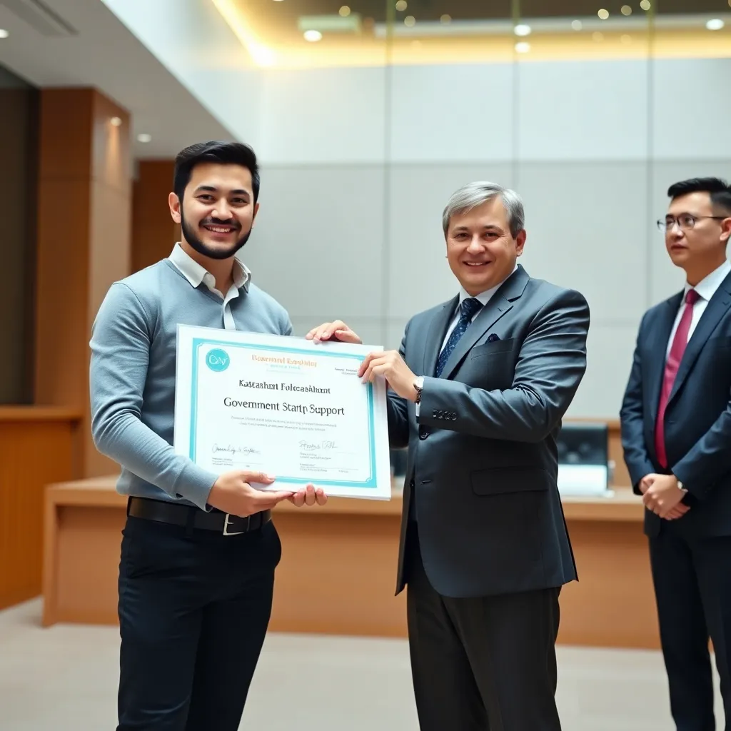 Молодой предприниматель получает сертификат участника программы